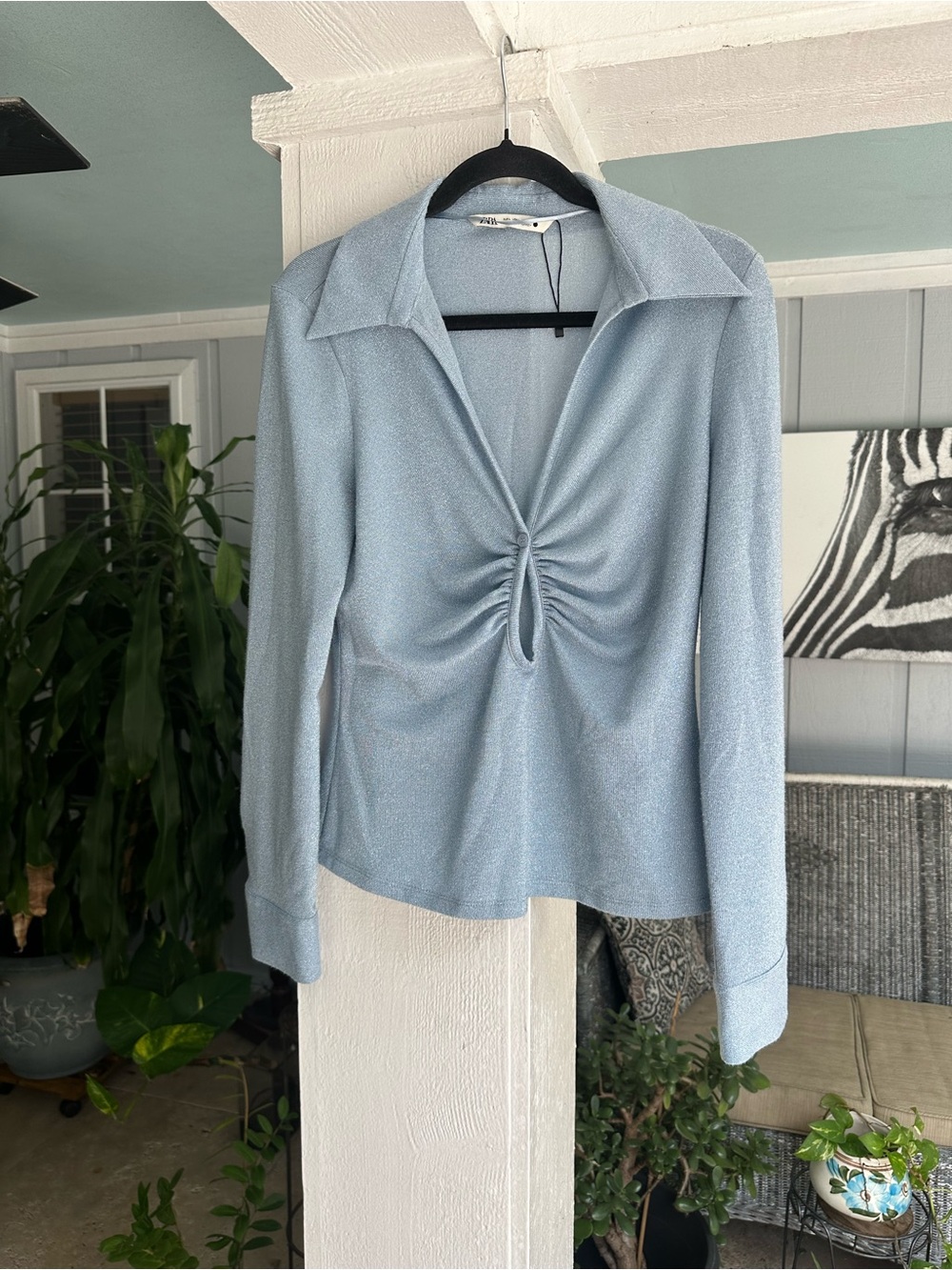 Zara LG Light blue Keyhole Shimmer Long sleeve top With button- Elegant Club Top